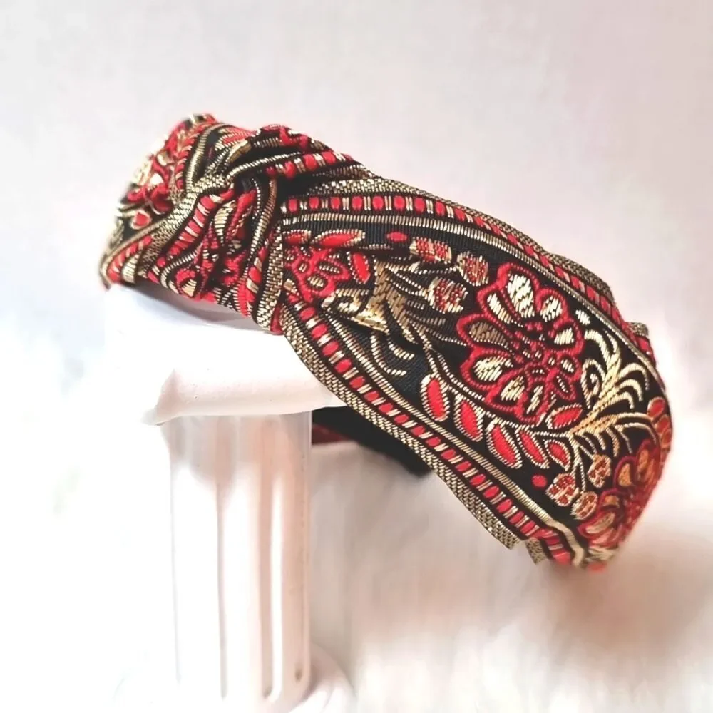 JEWELTONE JACQUARD SATIN FABRIC top knot red gold black headband